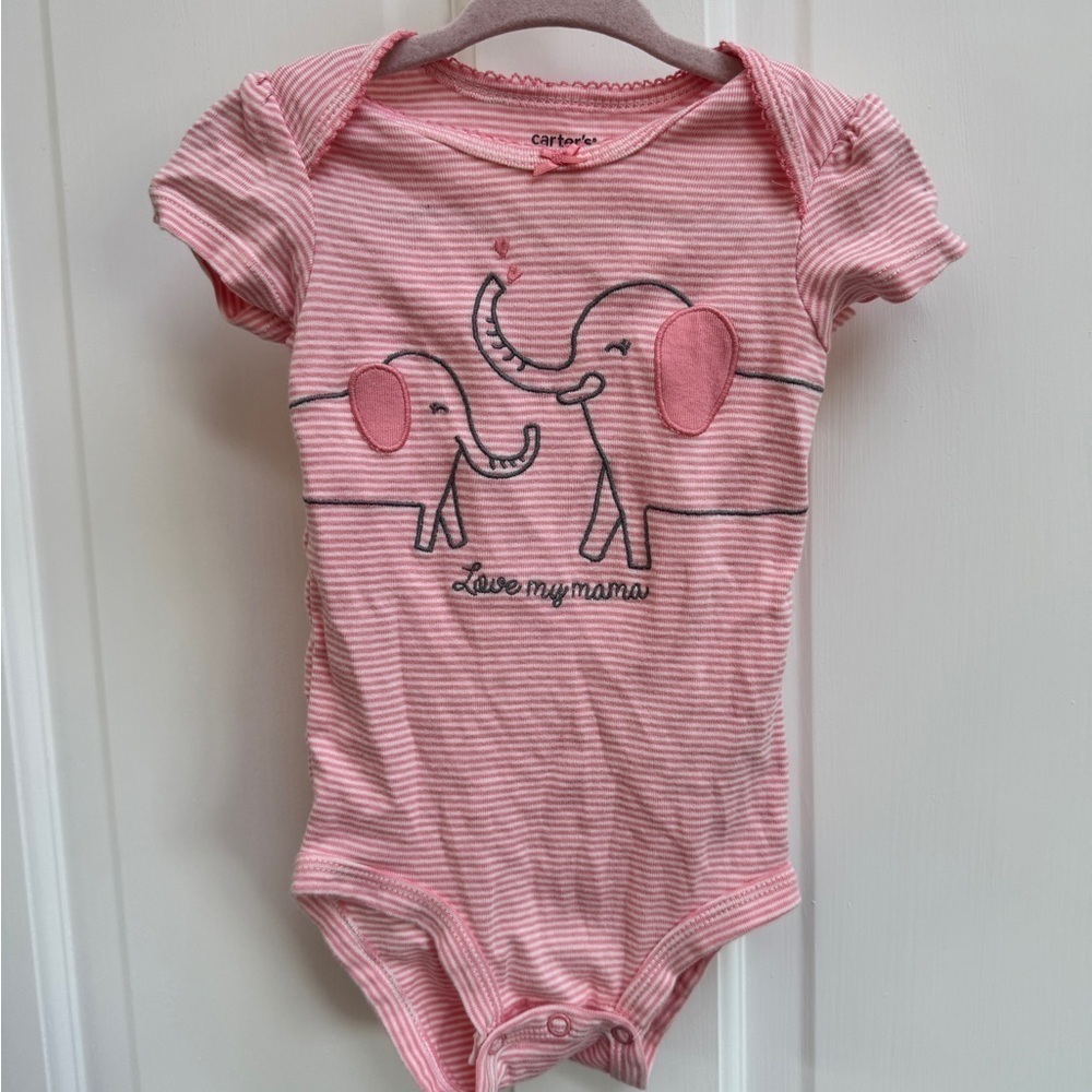 NWOT Carter's 12M Girls Pink Striped Elephant Love My Mama Baby Onesie Bodysuit